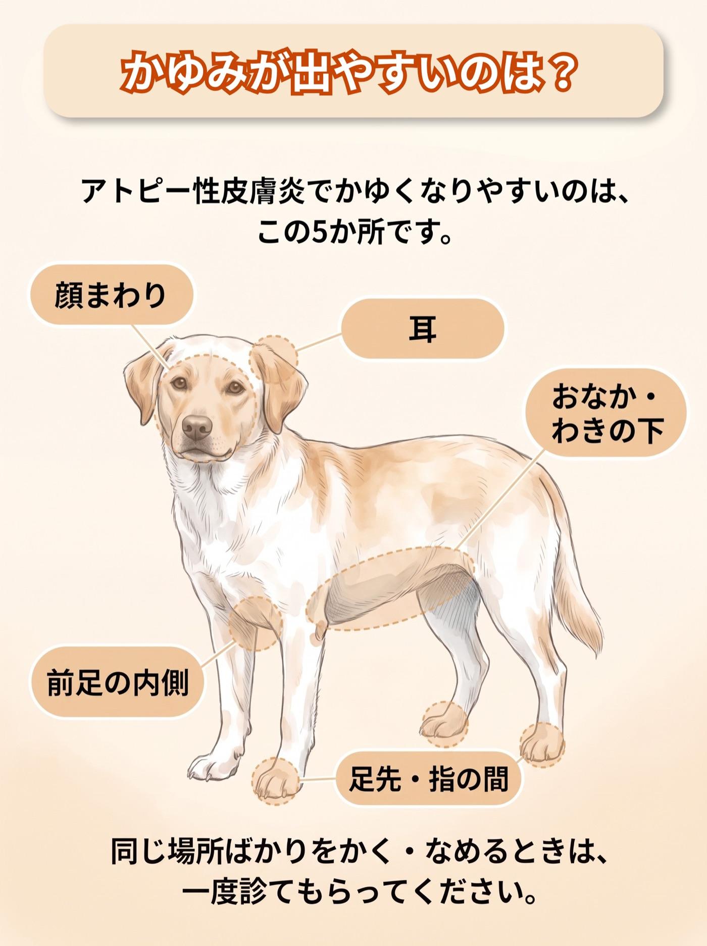 かゆみが出やすい場所を示した図。犬の横向きの立ち姿に、顔まわり・耳・足先と指の間・前足の内側・おなかとわきの下の5か所が点線で囲ってある