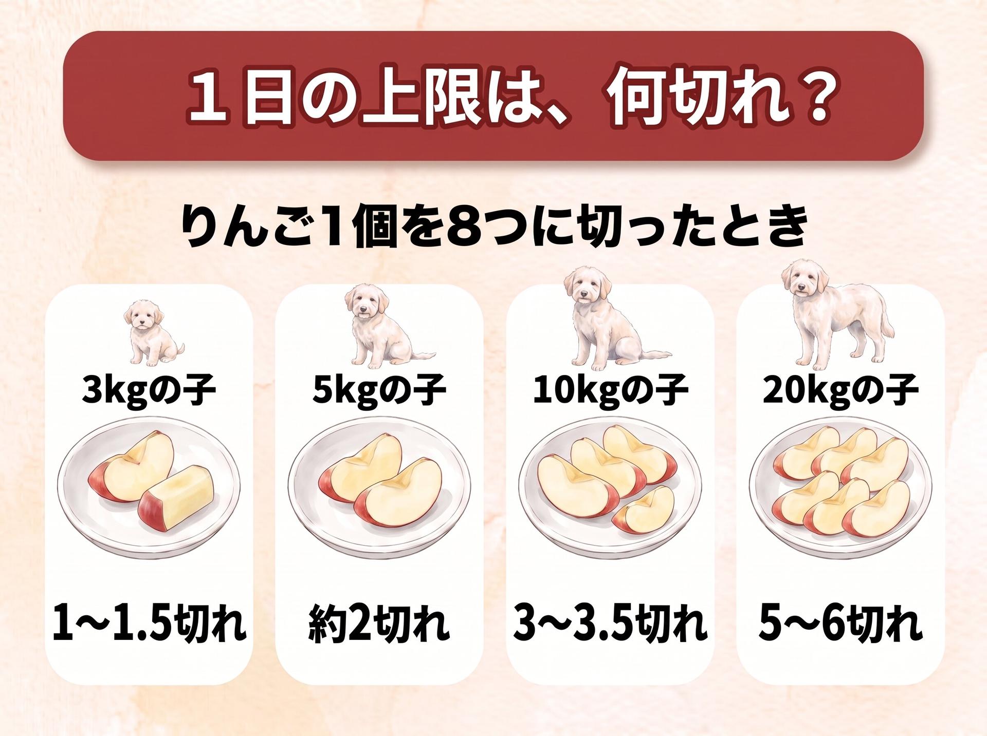 図解「1日の上限は、何切れ？」りんご1個を8つに切ったとき（体重に合わせて大きさの違う犬のイラストつき）：体重3kgの子は1〜1.5切れ、体重5kgの子は約2切れ、体重10kgの子は3〜3.5切れ、体重20kgの子は5〜6切れ