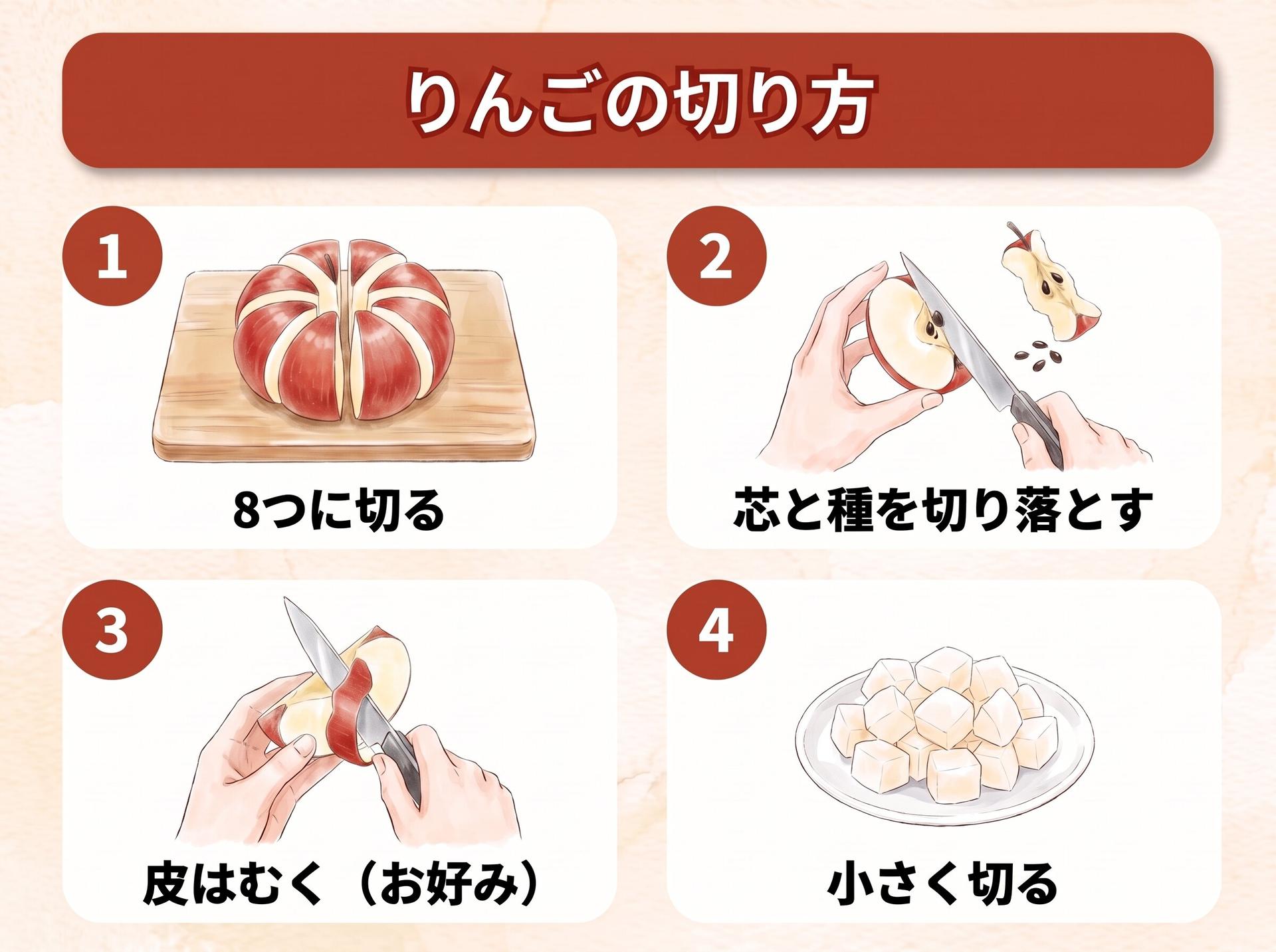 図解「りんごの切り方」：1 8つに切る／2 芯と種を切り落とす／3 皮はむく（お好み）／4 小さく切る