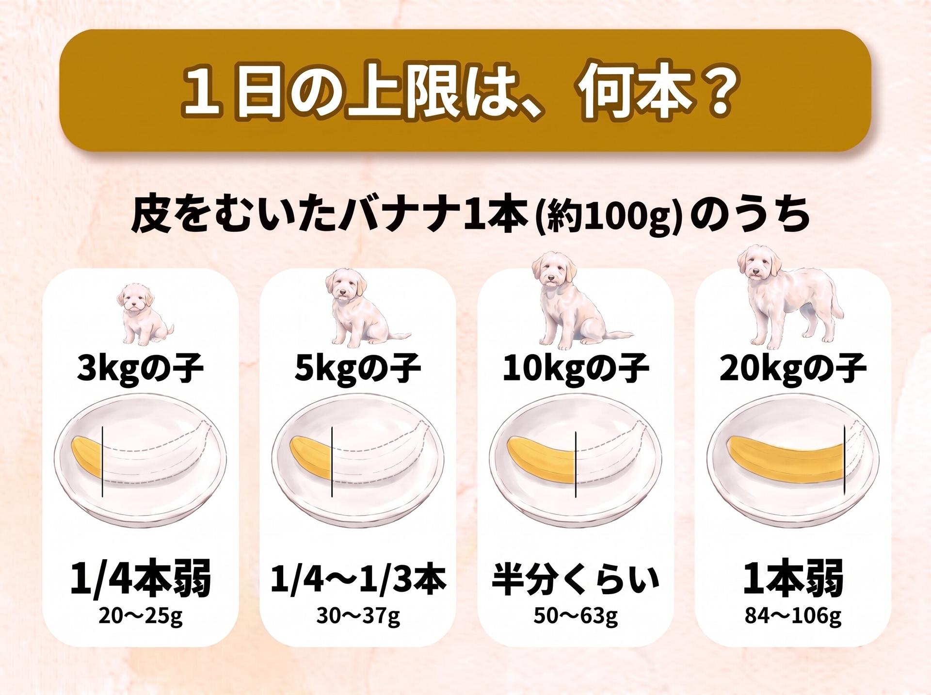 図解「1日の上限は、何本?」皮をむいたバナナ1本(約100g)のうち、あげる部分だけを色で示した絵(体重に合わせて大きさの違う犬のイラストつき):3kgの子は1/4本弱(20〜25g)、5kgの子は1/4〜1/3本(30〜37g)、10kgの子は半分くらい(50〜63g)、20kgの子は1本弱(84〜106g)