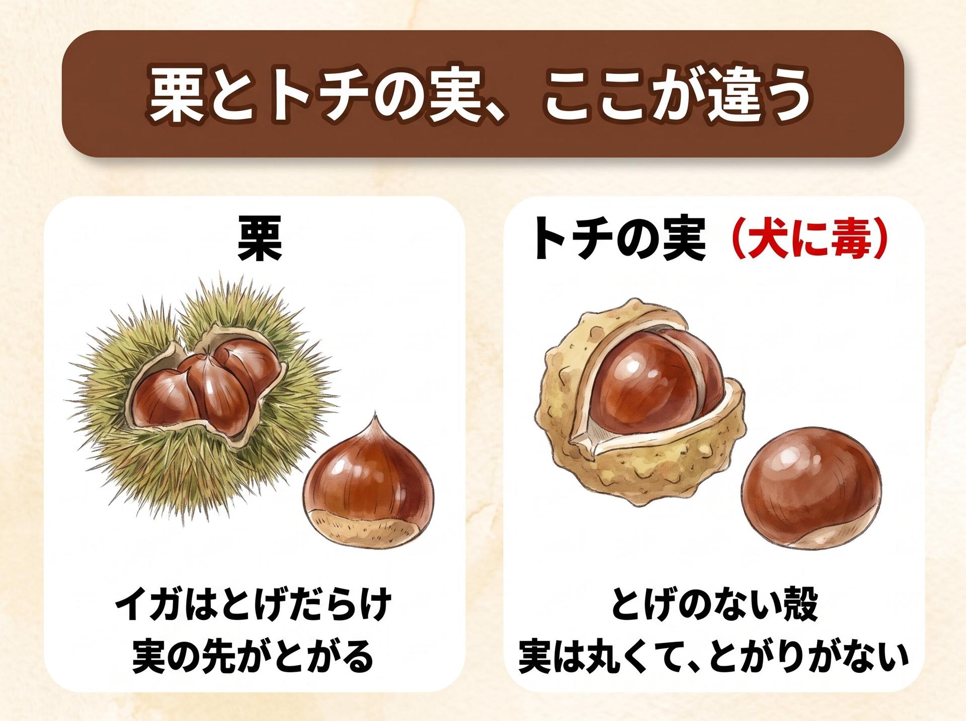 図解「栗とトチの実、ここが違う」：栗はイガがとげだらけで、実の先がとがる。トチの実（トチノキ・犬に毒）はとげのない殻で、実は丸くてとがりがない