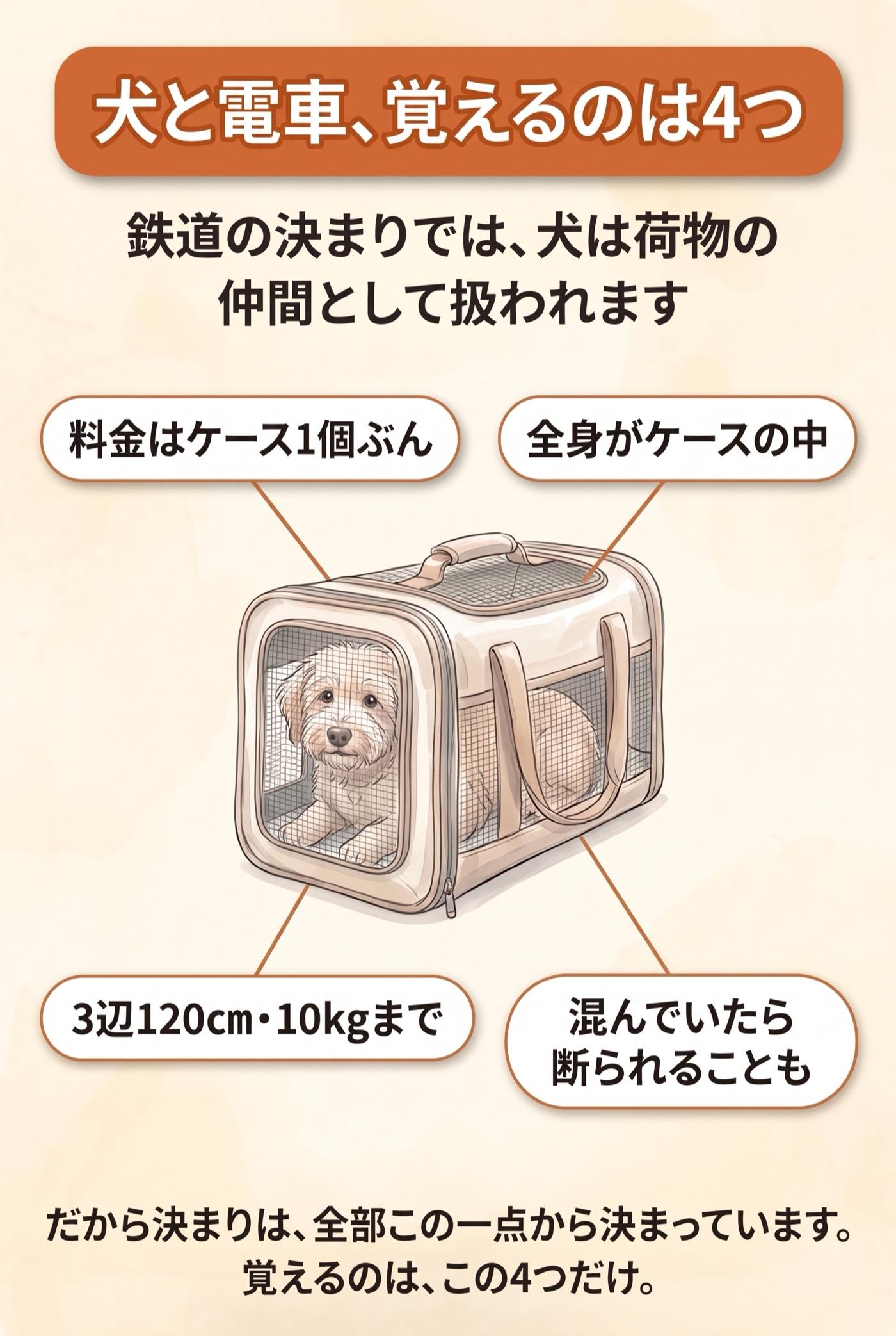 図解「犬と電車、覚えるのは4つ」:キャリーに全身が入った犬を中心に、料金はケース1個ぶん・全身がケースの中・3辺120cm・10kgまで・混んでいたら断られることも、の4つのラベルが線でつながっている