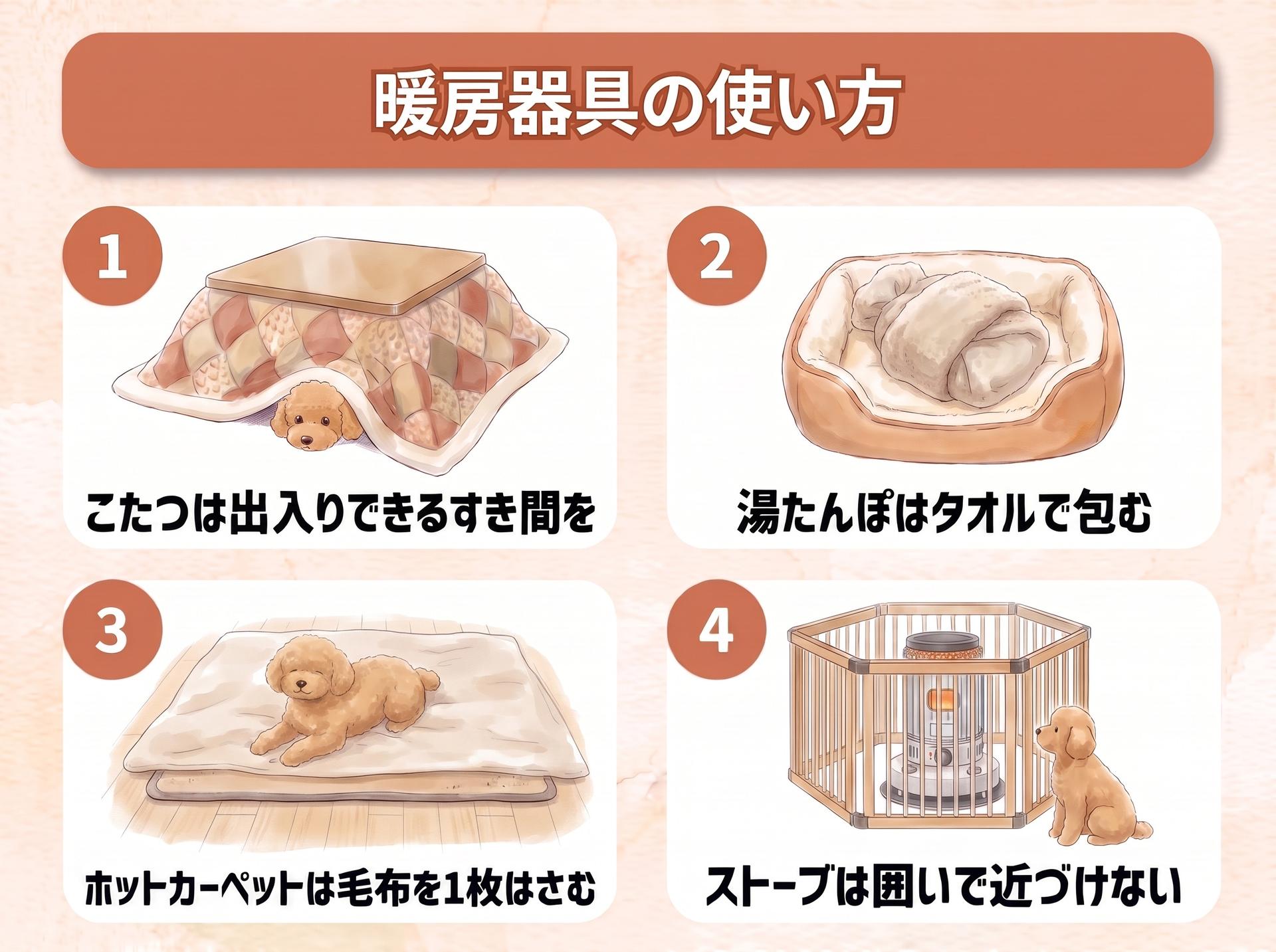 暖房器具の使い方の図。1 こたつは出入りできるすき間を。2 湯たんぽはタオルで包む。3 ホットカーペットは毛布を1枚はさむ。4 ストーブは囲いで近づけない
