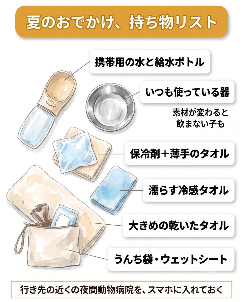 図解：夏のおでかけ持ち物リスト。携帯用の水と給水ボトル、いつも使っている器、保冷剤と薄手のタオル、濡らす冷感タオル、大きめの乾いたタオル、うんち袋・ウェットシート