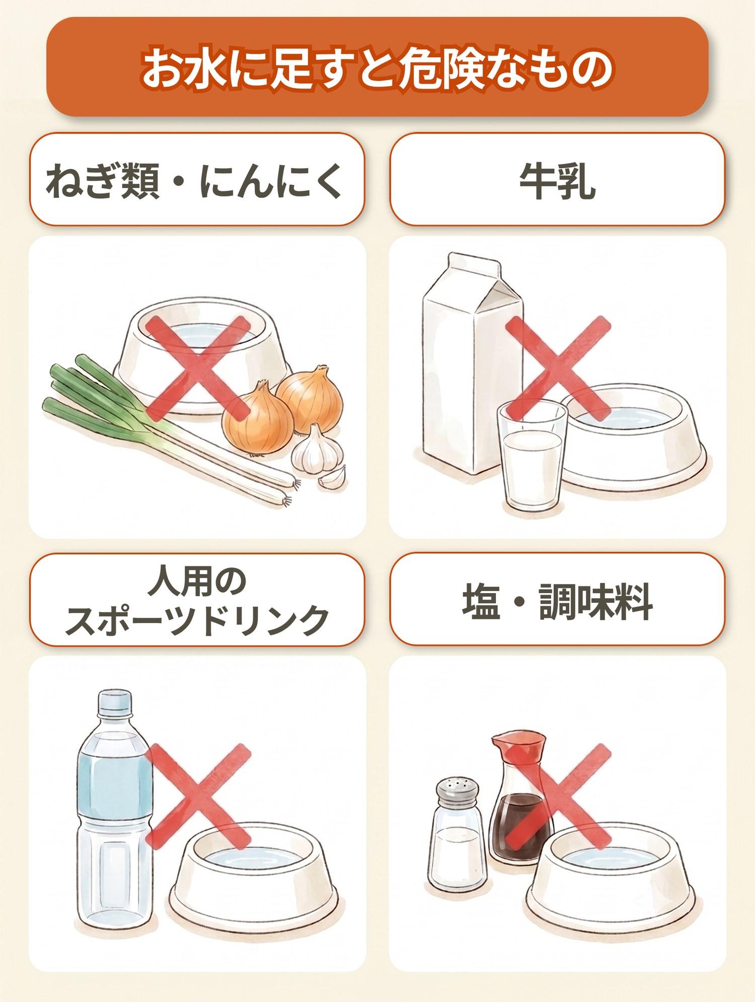 図解「お水に足すと危険なもの」:ねぎ類・にんにく/牛乳/人用のスポーツドリンク/塩・調味料の4つ。いずれも犬用の水の器に赤いバツ印が重ねてある
