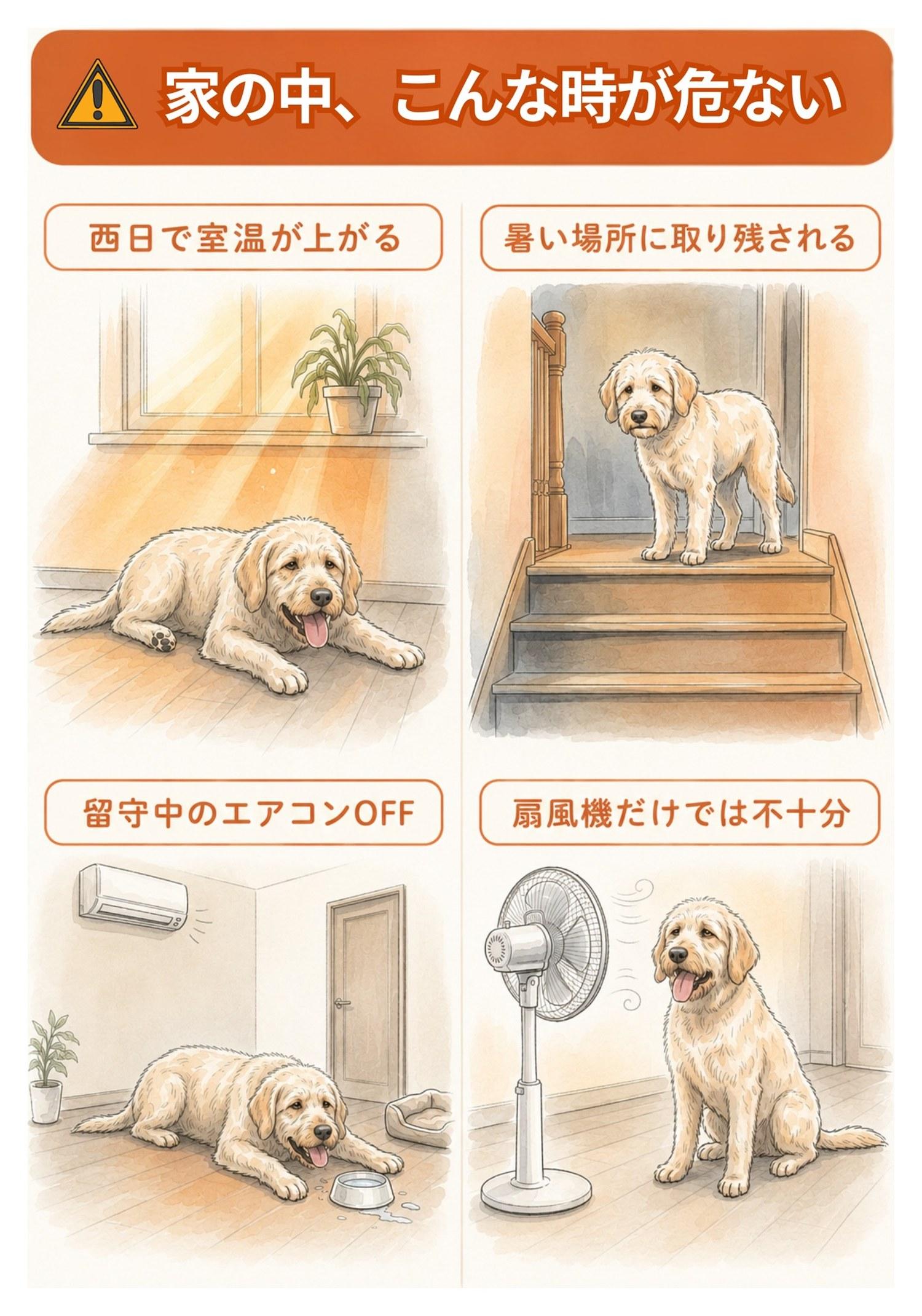 図解「家の中、こんな時が危ない」:西日で室温が上がる/暑い場所に取り残される/留守中のエアコンOFF/扇風機だけでは不十分、の4つの危ない場面