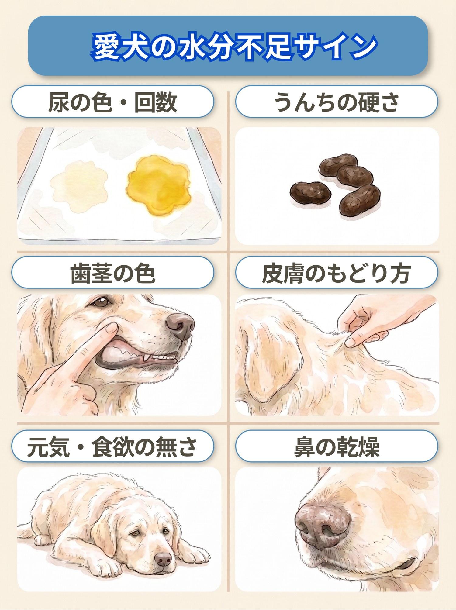 図解「愛犬の水分不足サイン」:尿の色・回数(うすい黄色と濃い黄色の比較)/うんちの硬さ(コロコロした乾いた便)/歯茎の色(指で押して確かめる)/皮膚のもどり方(首のうしろをつまむ)/元気・食欲の無さ/鼻の乾燥、の6つ