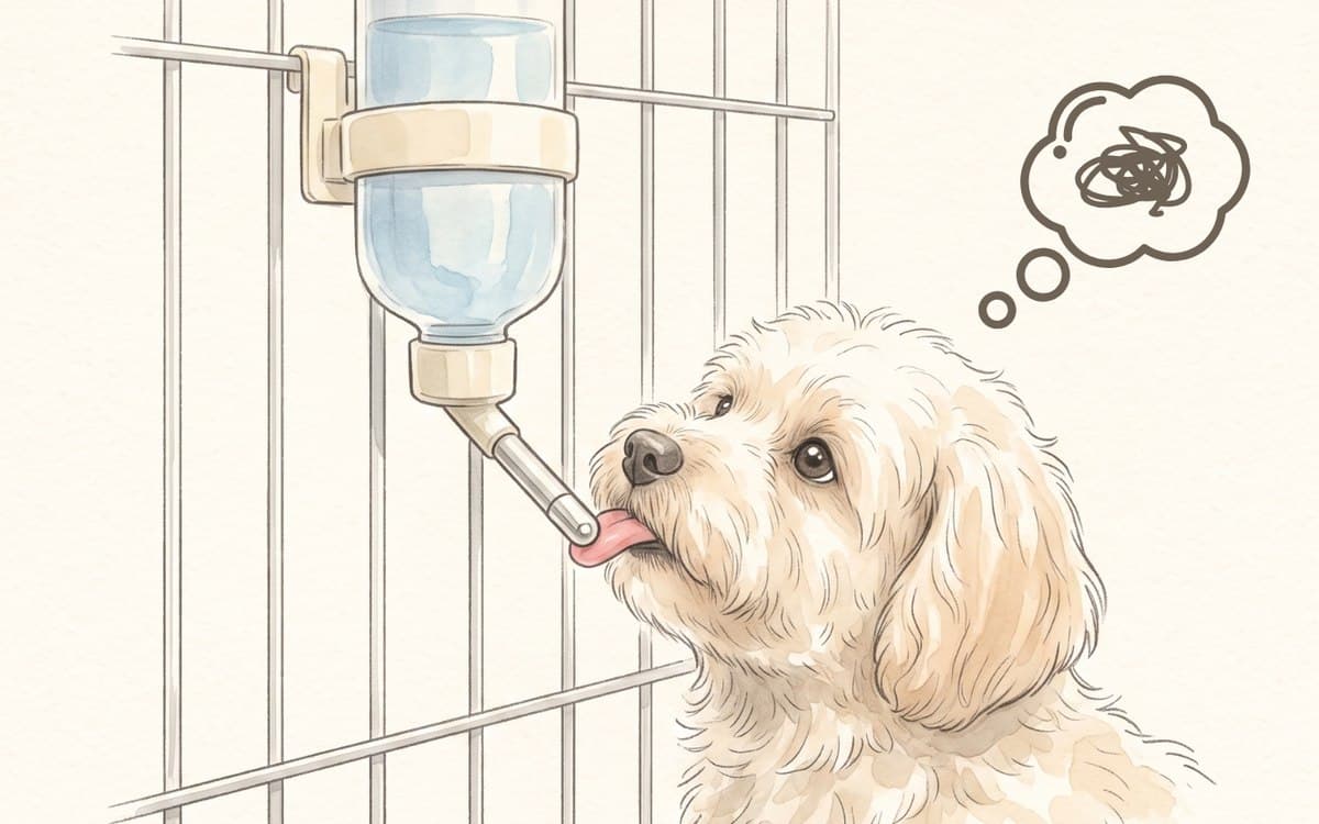 ケージの給水ボトルのウォーターノズルを舌でなめる犬。うまく飲めずモヤモヤした様子が吹き出しで描かれている