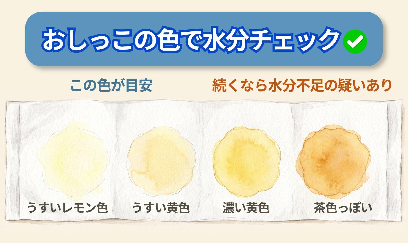 おしっこの色の見本。左からうすいレモン色・うすい黄色(この色が目安)/濃い黄色・茶色っぽい(続くなら水分不足の疑いあり)の4段階