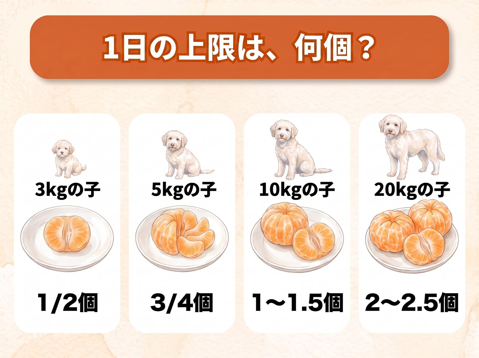 図解「1日の上限は、何個?」皮をむいたみかんで(体重に合わせて大きさの違う犬のイラストつき):体重3kgの子は1/2個、体重5kgの子は3/4個、体重10kgの子は1〜1.5個、体重20kgの子は2〜2.5個