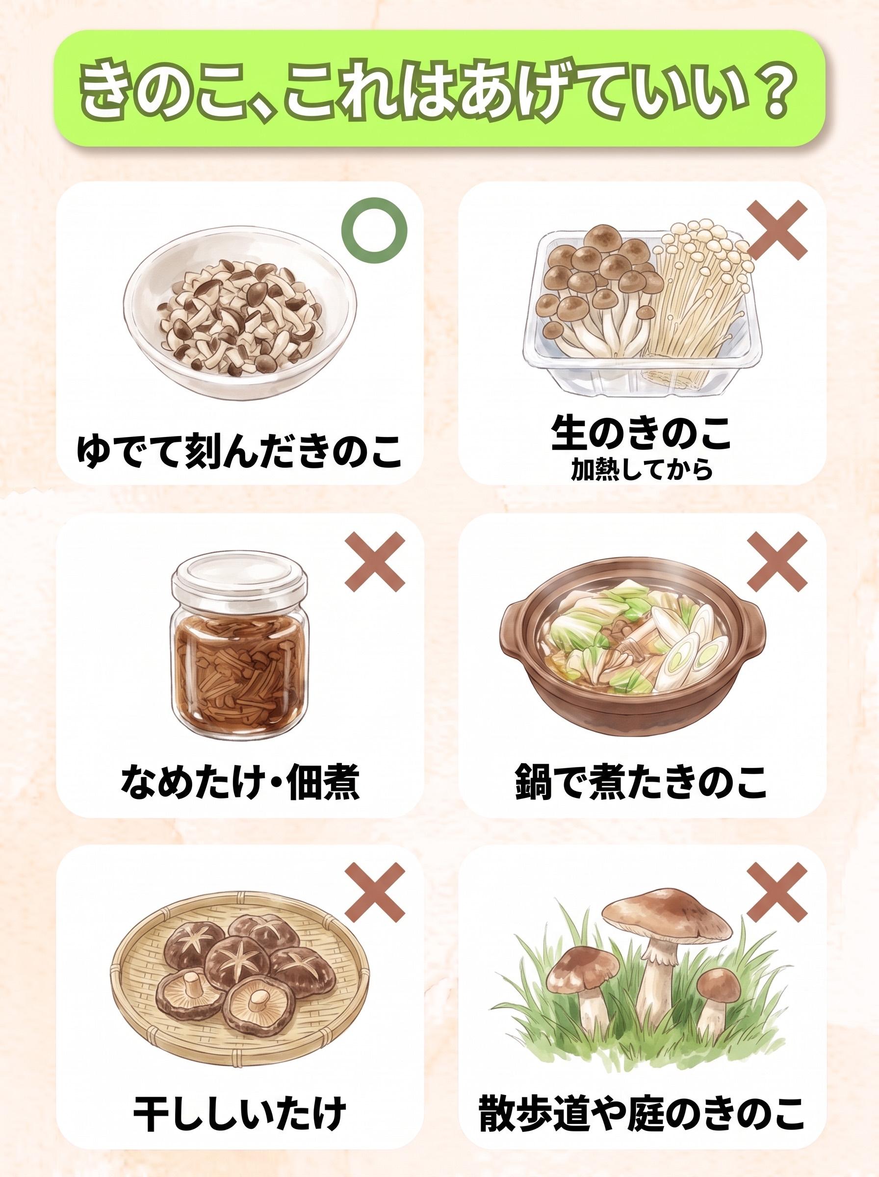 図解「きのこ、これはあげていい？」：ゆでて刻んだきのこ（○）／生のきのこ・加熱してから（×）／なめたけ・佃煮（×）／鍋で煮たきのこ（×）／干ししいたけ（×）／散歩道や庭のきのこ（×）の6コマ
