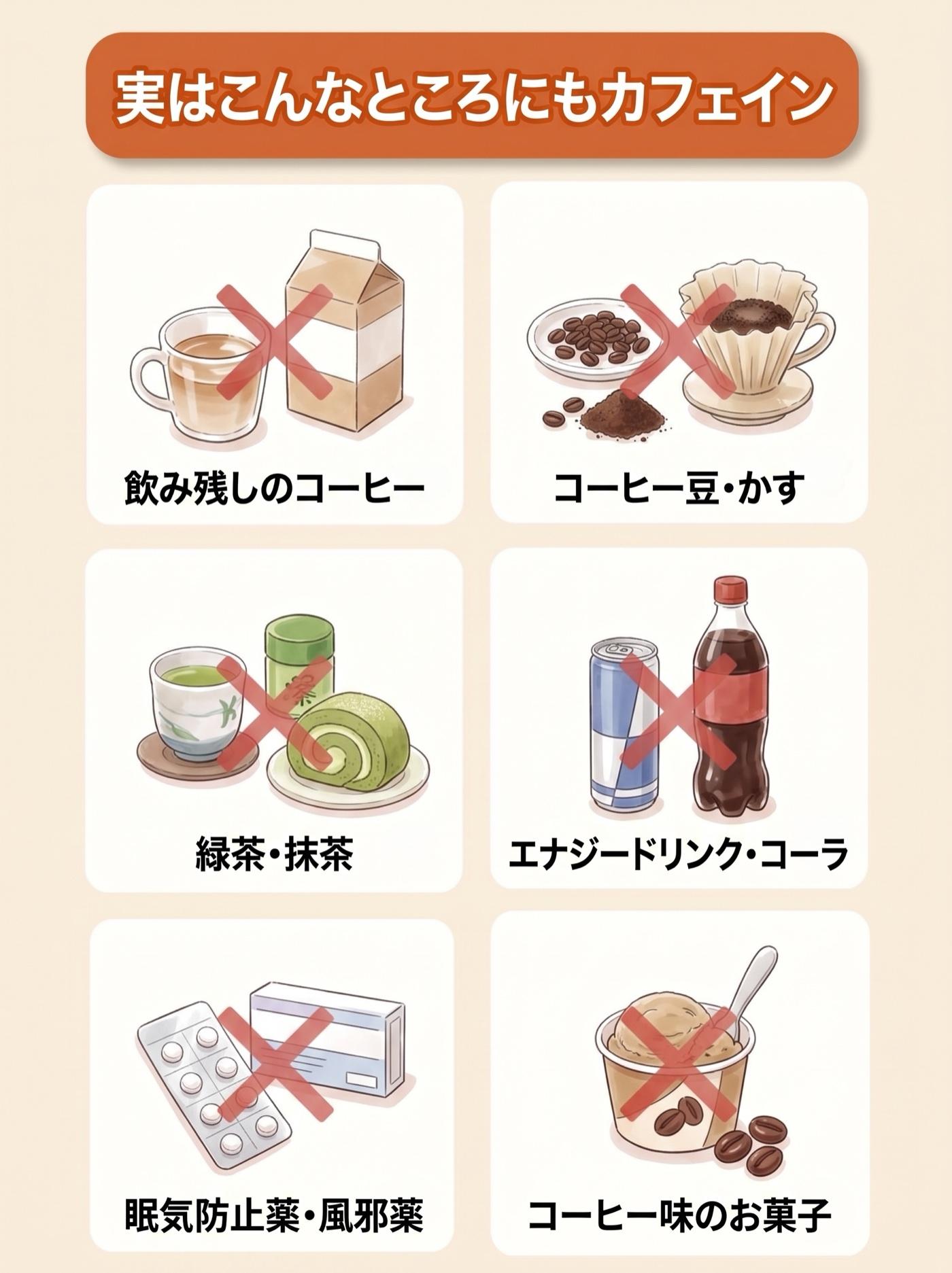 図解「実はこんなところにもカフェイン」:飲み残しのコーヒー/コーヒー豆・かす/緑茶・抹茶/エナジードリンク・コーラ/眠気防止薬・風邪薬/コーヒー味のお菓子の6つ。いずれも赤いバツ印つき