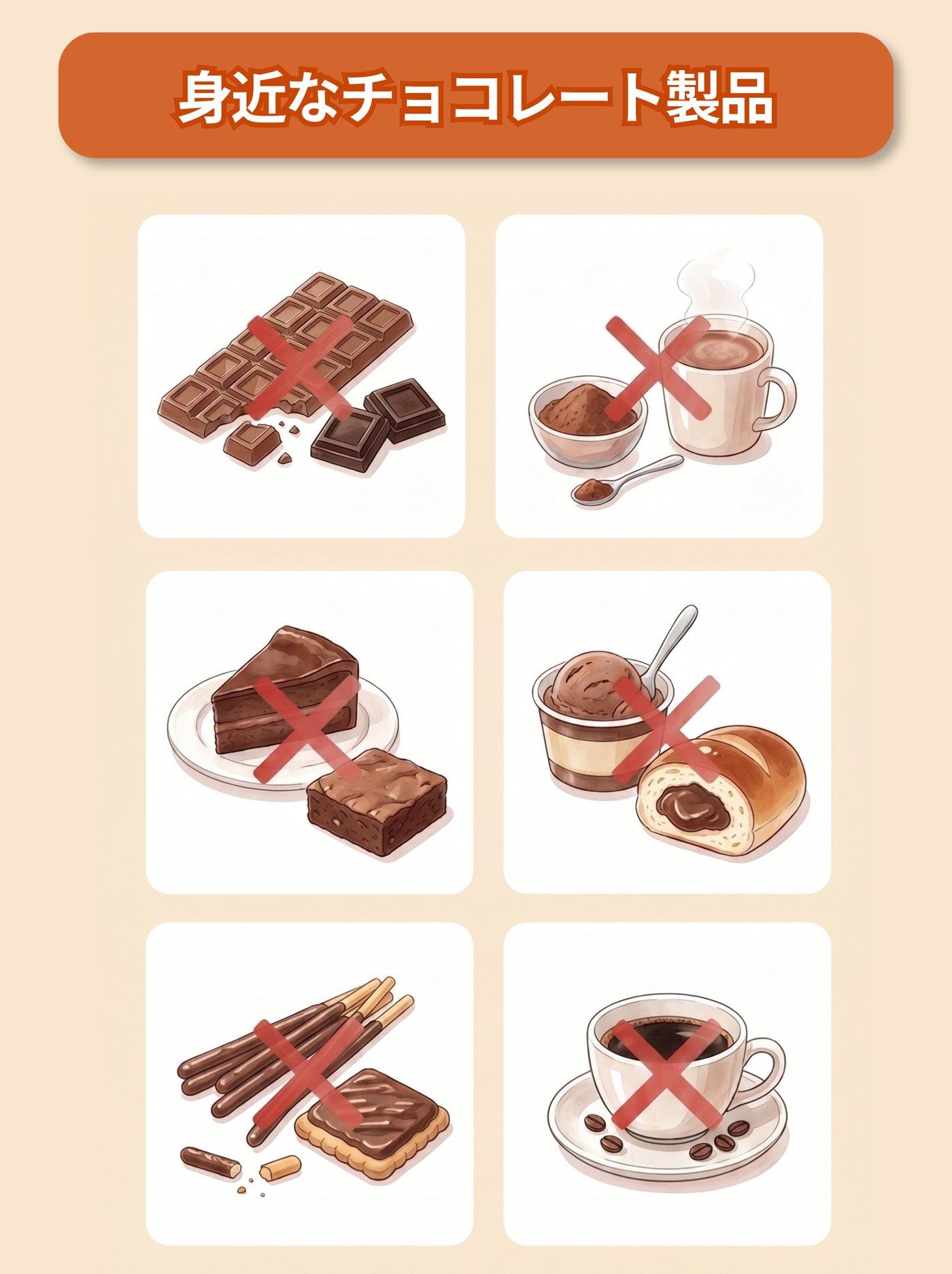 図解「身近なチョコレート製品」：板チョコと高カカオチョコ／ココアパウダーとココア飲料／チョコケーキとブラウニー／チョコアイスとチョコクリームパン／チョコがけ菓子／コーヒーの6つ。いずれも赤いバツ印つき