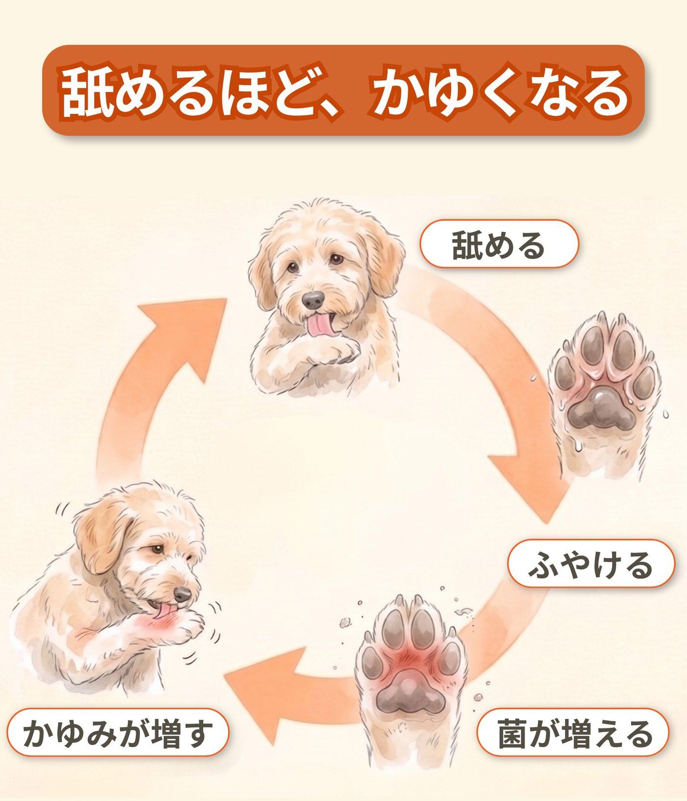 図解「舐めるほど、かゆくなる」：舐める→ふやける→菌が増える→かゆみが増す、の4段階が円環の矢印でつながっている