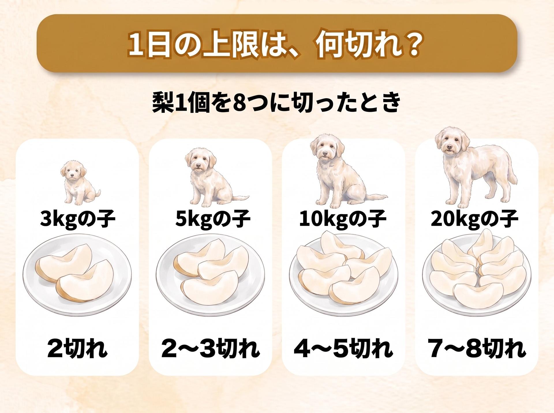 図解「1日の上限は、何切れ?」梨1個を8つに切ったとき(体重に合わせて大きさの違う犬のイラストつき):体重3kgの子は2切れ、体重5kgの子は2〜3切れ、体重10kgの子は4〜5切れ、体重20kgの子は7〜8切れ