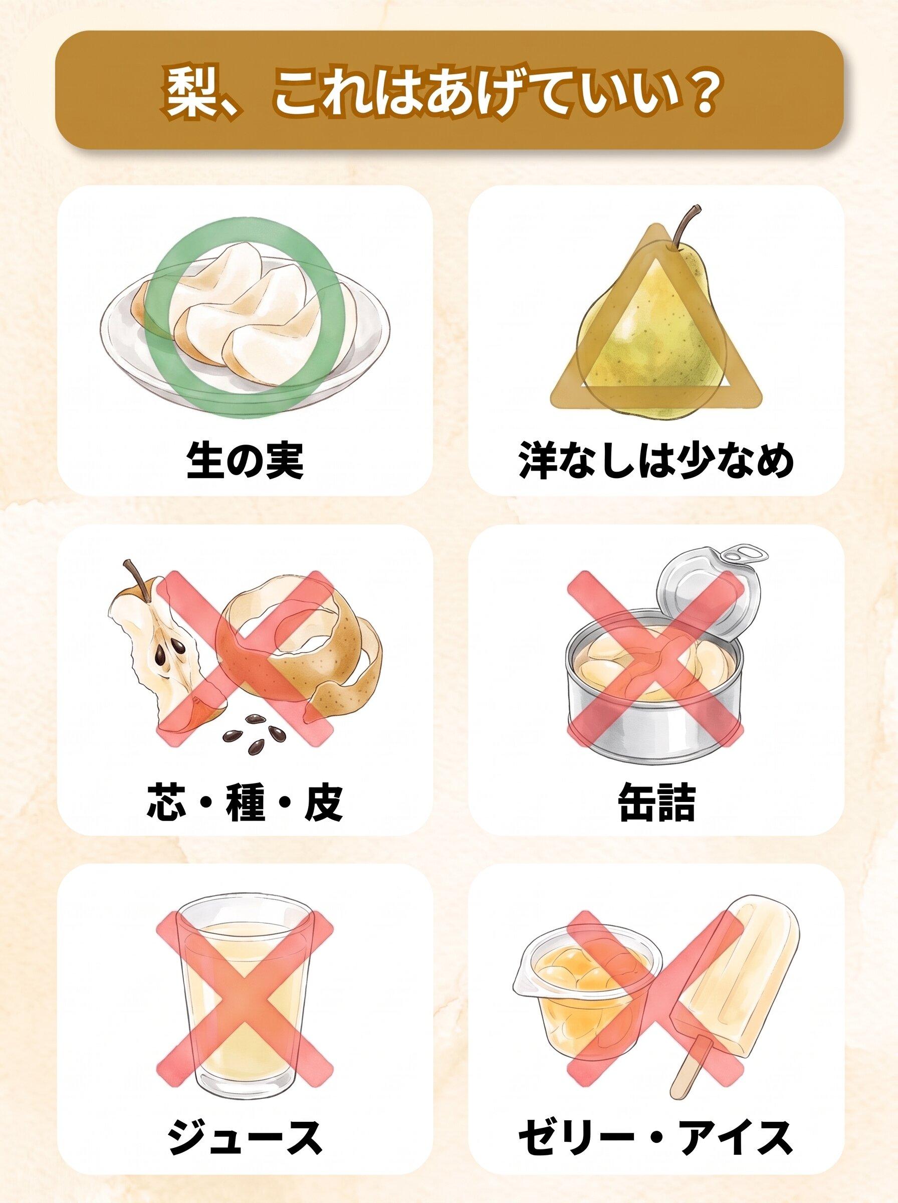 図解「梨、これはあげていい?」:生の実(○)/洋なしは少なめ(△)/芯・種・皮(×)/缶詰(×)/ジュース(×)/ゼリー・アイス(×)の6コマ
