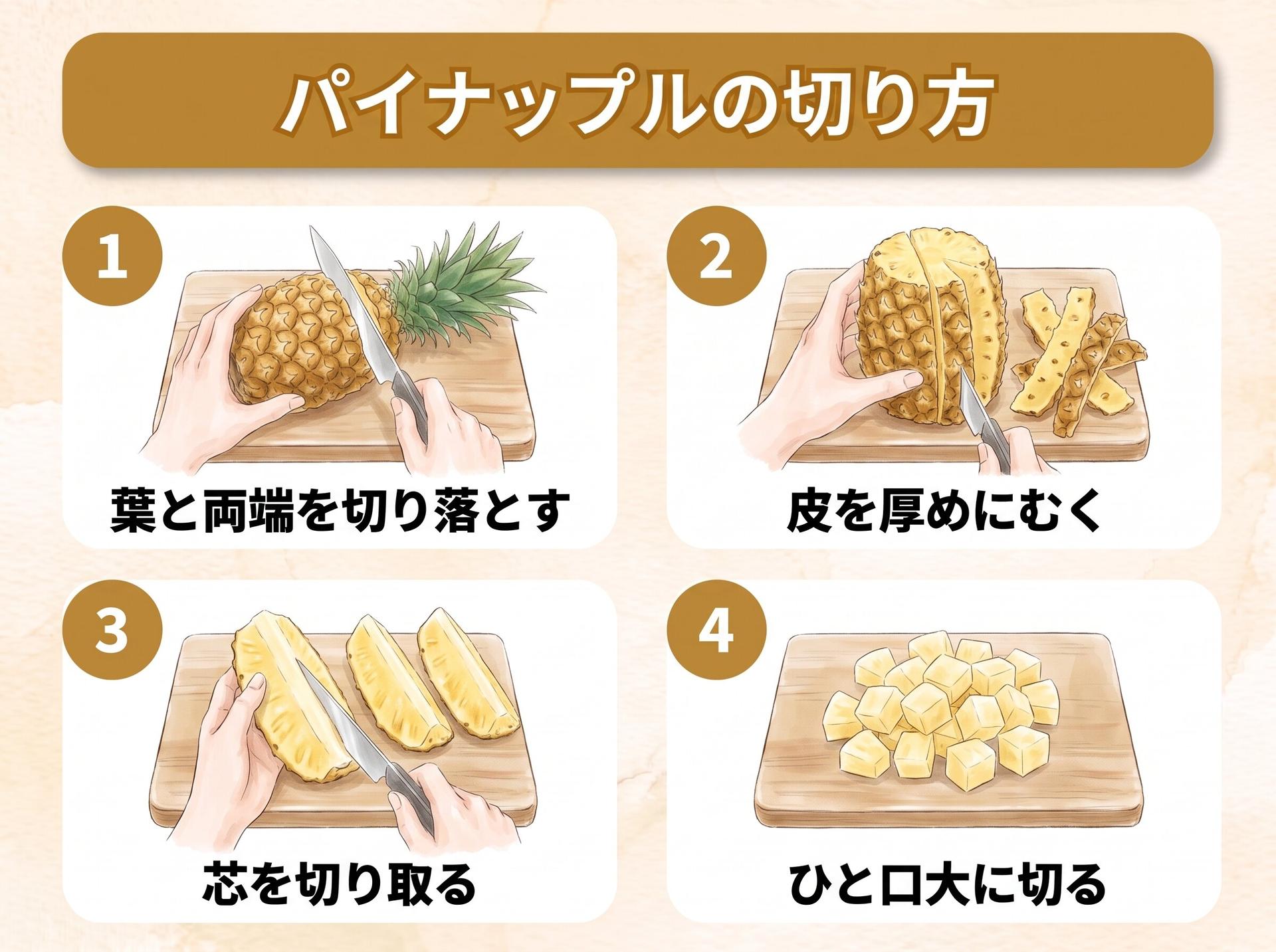 図解「パイナップルの切り方」：1 葉と両端を切り落とす／2 皮を厚めにむく／3 芯を切り取る／4 ひと口大に切る