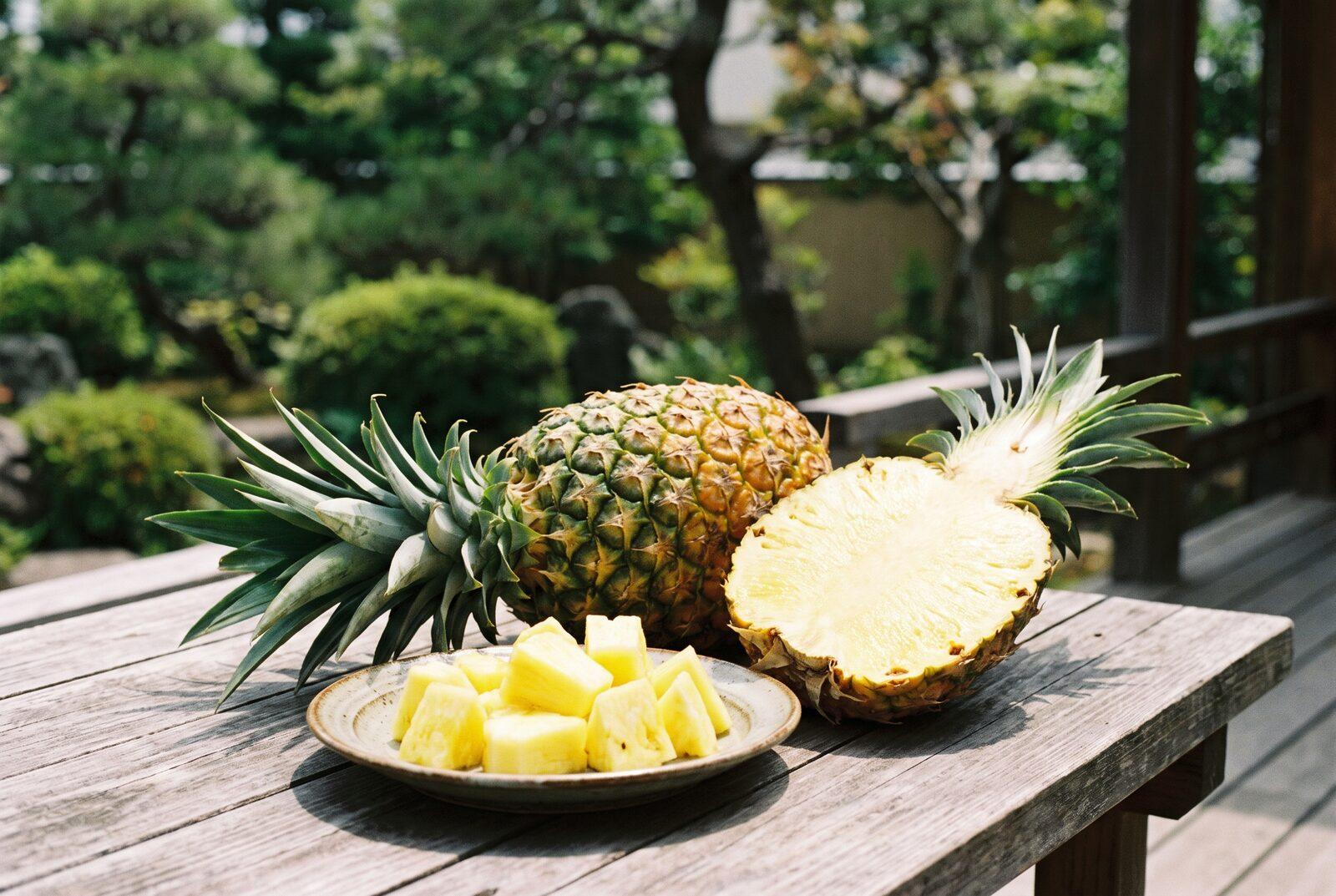 晴れた日のウッドデッキの木のテーブルに、丸ごとのパイナップルと半分に切ったパイナップル、ひと口大に切った実をのせた皿