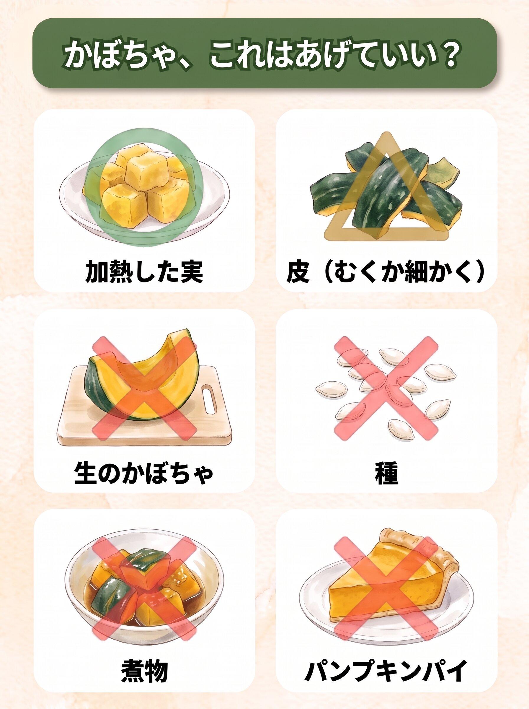 図解「かぼちゃ、これはあげていい?」:加熱した実(○)/皮はむくか細かく(△)/生のかぼちゃ(×)/種(×)/煮物(×)/パンプキンパイ(×)の6コマ