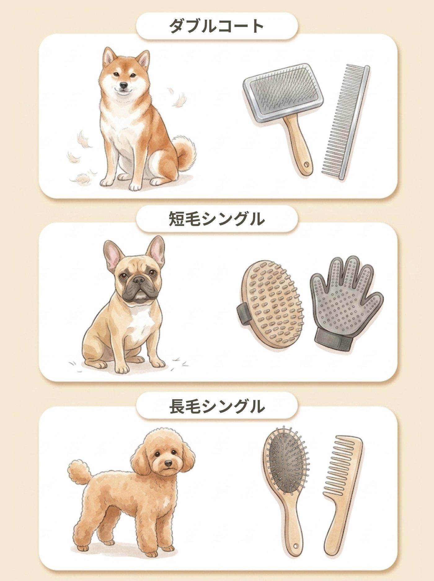 図解:3段のパネル。ダブルコート=柴犬にスリッカーブラシとコーム、短毛シングル=フレンチブルドッグにラバーブラシとミトン、長毛シングル=トイプードルにピンブラシとコーム