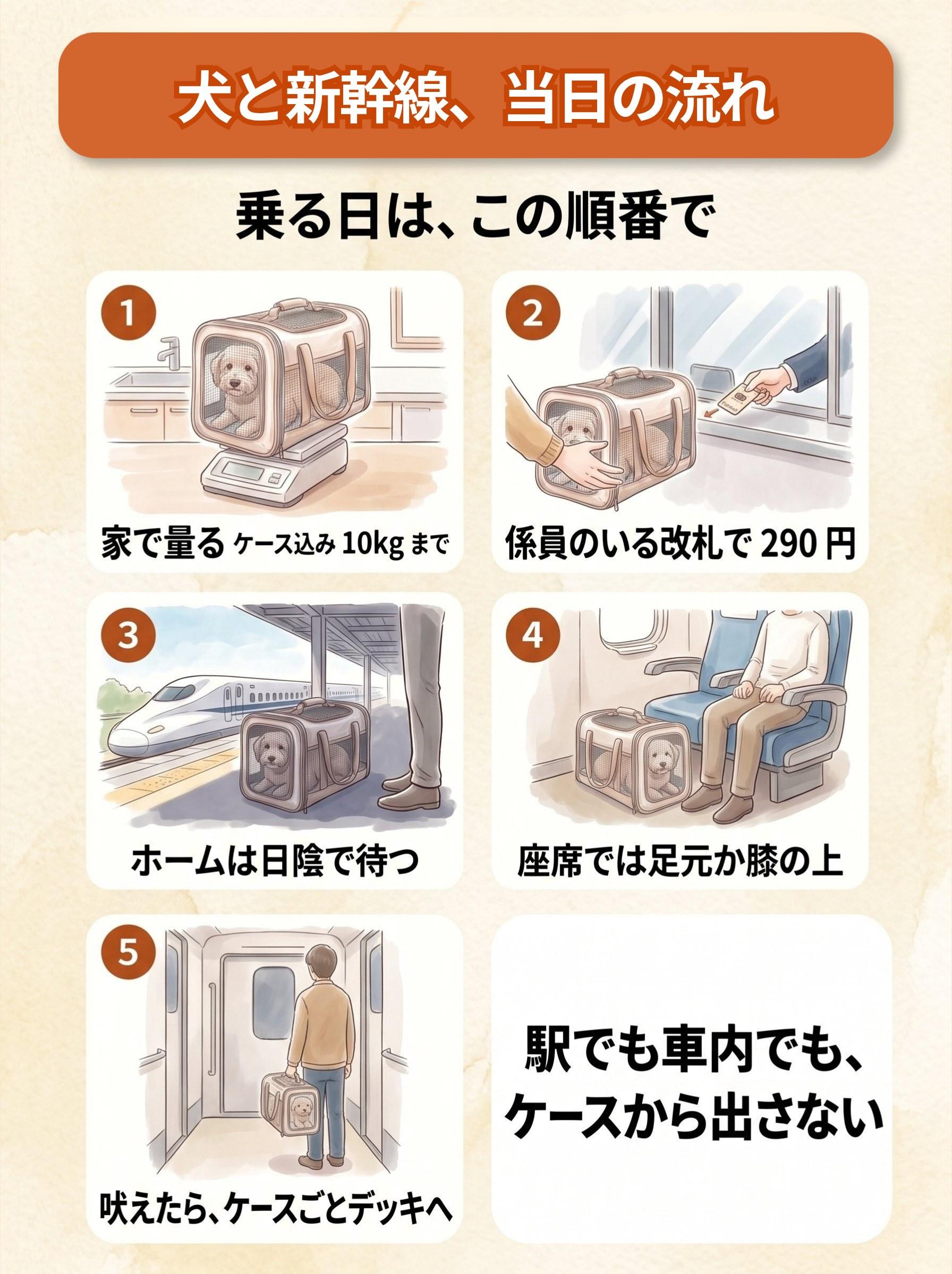 図解「犬と新幹線、当日の流れ」:①家で量る、ケース込み 10 kg まで/②係員のいる改札で 290 円/③ホームは日陰で待つ/④座席では足元か膝の上/⑤吠えたら、ケースごとデッキへ。駅でも車内でも、ケースから出さない