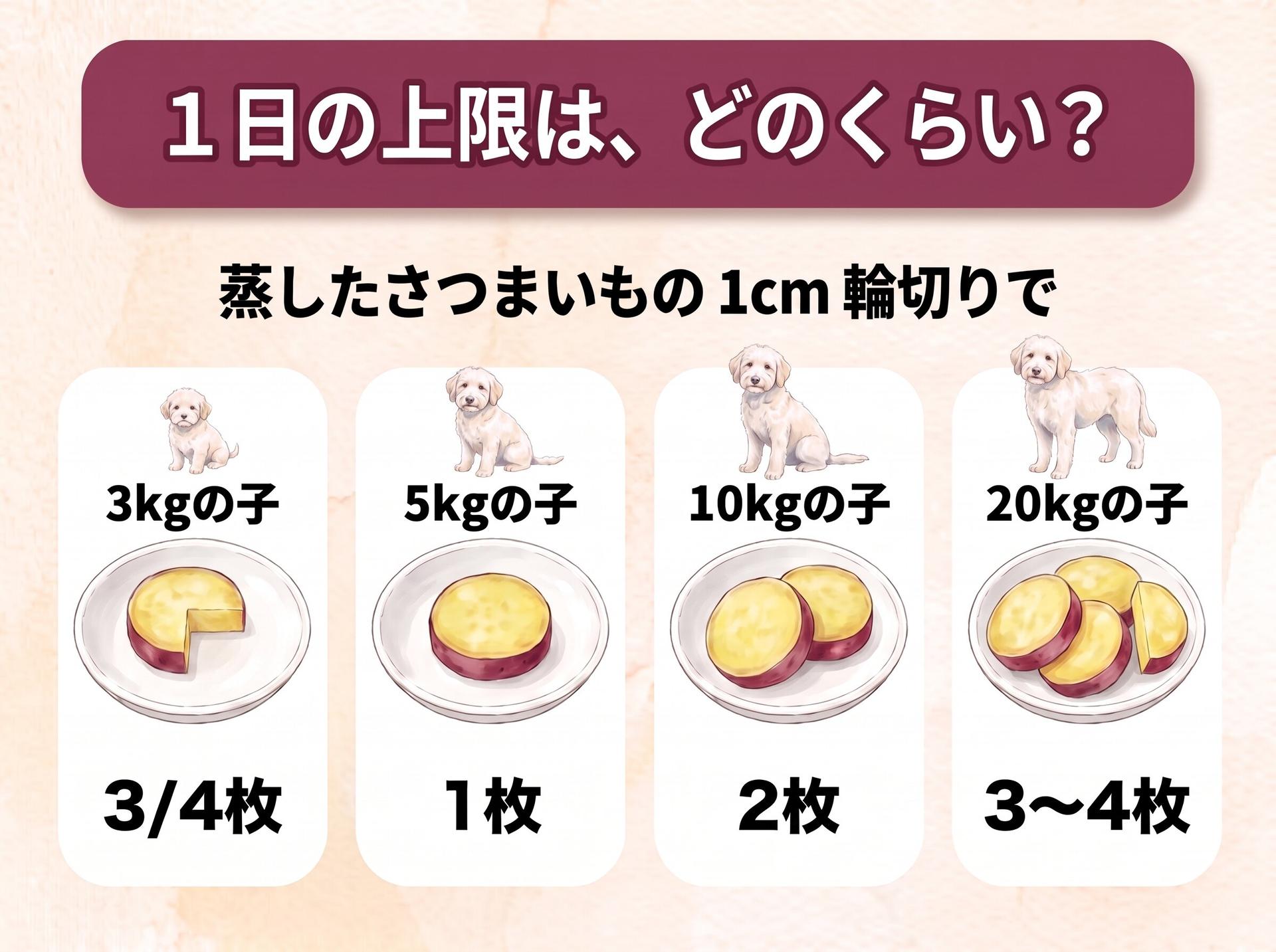 図解「1日の上限は、どのくらい?」蒸したさつまいもの1cm輪切りで(体重に合わせて大きさの違う犬のイラストつき):体重3kgの子は3/4枚、体重5kgの子は1枚、体重10kgの子は2枚、体重20kgの子は3〜4枚