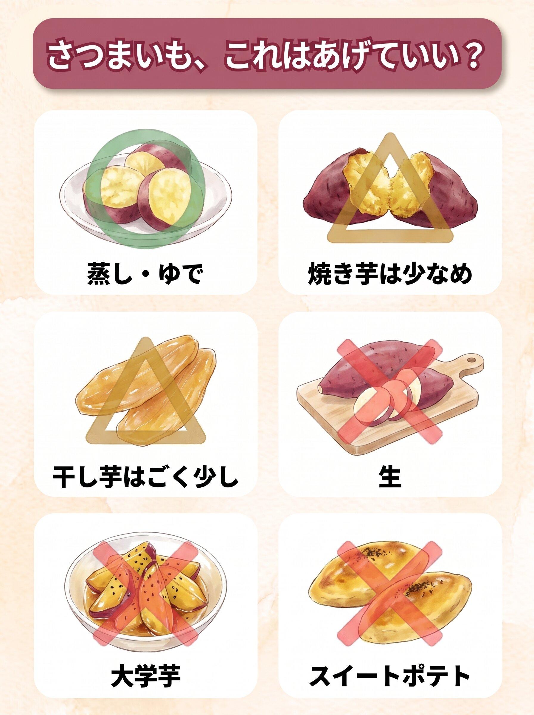 図解「さつまいも、これはあげていい?」:蒸し・ゆで(○)/焼き芋は少なめ(△)/干し芋はごく少し(△)/生(×)/大学芋(×)/スイートポテト(×)の6コマ